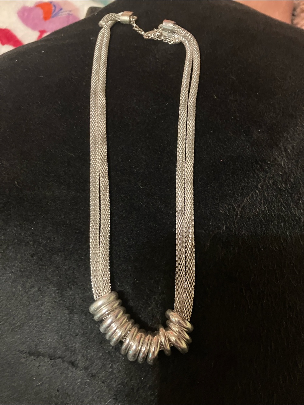 Silver tone Multi-Strand Mesh Necklace with Hoop Accents